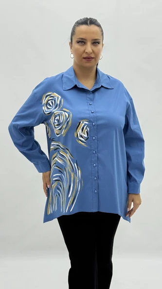 Büyük Beden Pamuklu Düğmeli Uzun Kol Oversize Kadın Gömlek - Resim 2