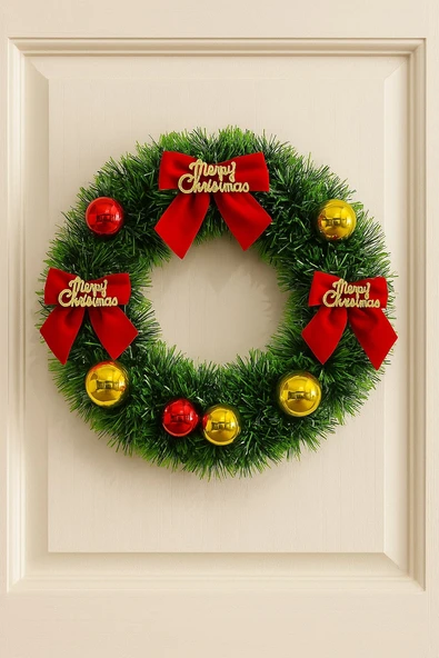 Yılbaşı Kapı Süsü Merry Christmas Çelenk 30 cm Kırmızı Kurdeleli Noel Dekoru ürün görseli