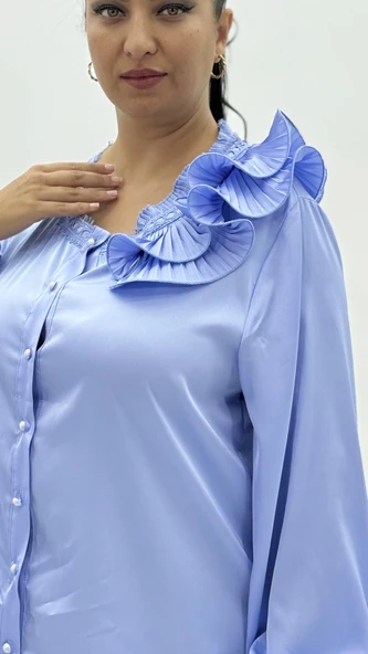 Büyük Beden Düğmeli İpek Saten Fırfır Detaylı Uzun Kol Oversize Kadın Gömlek - Resim 5