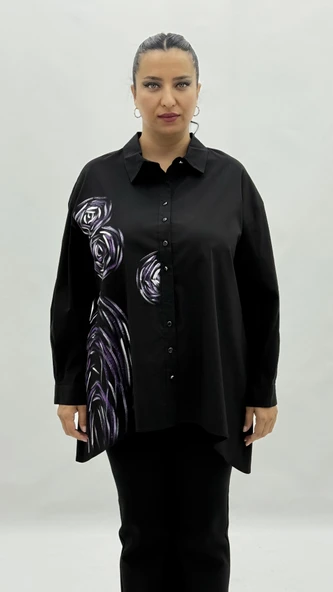 Büyük Beden Pamuklu Düğmeli Uzun Kol Oversize Kadın Gömlek - Resim 6