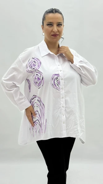 Büyük Beden Pamuklu Düğmeli Uzun Kol Oversize Kadın Gömlek - Resim 12