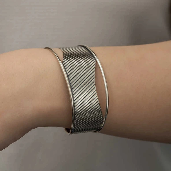 pilelistore 925 Ayar Gümüş Eskitme Desenli Bilezik - Resim 3