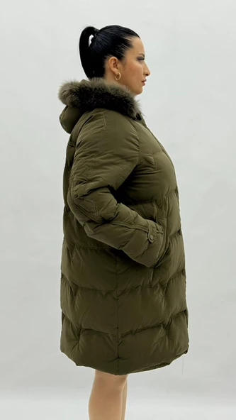 Büyük Beden Kürklü Kapüşonlu Dizaltı Kadın Kalın Şişme Kaban - Resim 5