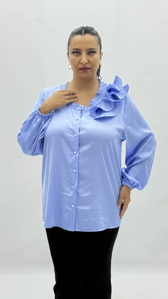 Büyük Beden Düğmeli İpek Saten Fırfır Detaylı Uzun Kol Oversize Kadın Gömlek - Resim 2