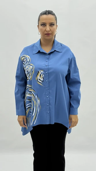 Büyük Beden Pamuklu Düğmeli Uzun Kol Oversize Kadın Gömlek ürün görseli