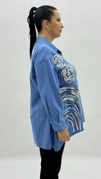 Büyük Beden Pamuklu Düğmeli Uzun Kol Oversize Kadın Gömlek - Resim 3