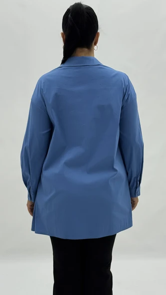 Büyük Beden Pamuklu Düğmeli Uzun Kol Oversize Kadın Gömlek - Resim 4