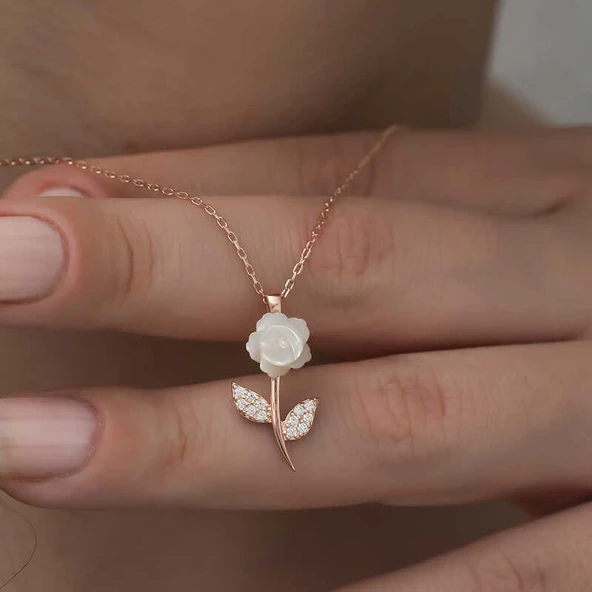 Gümüş Rose Beyaz Gül Kolye - Resim 4
