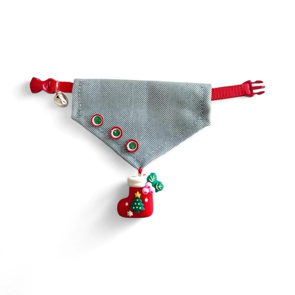 Kedi Bandanası Yılbaşı Temalı | Christmas Cat Bandana | Çorap Süs Detaylı Kedi Fuları - Resim 4