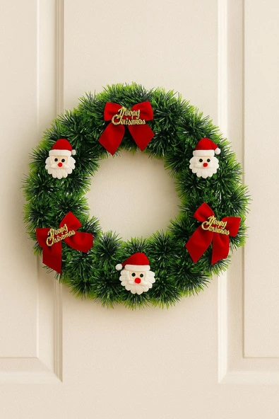 Yılbaşı Kapı Süsü Merry Christmas Çelenk 30 cm Kırmızı Kurdeleli & Noel Baba Dekoru ürün görseli