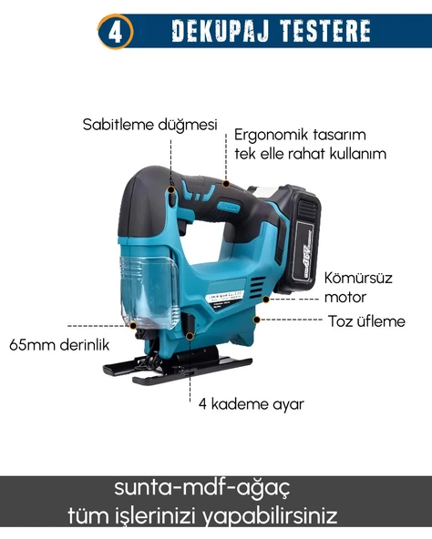 PH291 Akülü 11li Set (Led Işık, Lazer Metre, Somun Sıkma, Dekupaj, Oto Yıkama, Dal Makası, - Resim 6