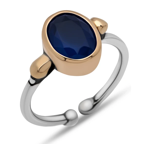 Gümüş Lacivert Taşlı Ayarlanabilir Otantik Kadın Yüzük ürün görseli