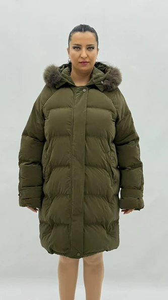 Büyük Beden Kürklü Kapüşonlu Dizaltı Kadın Kalın Şişme Kaban ürün görseli