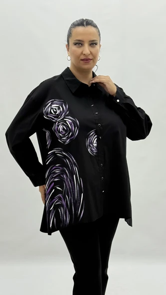 Büyük Beden Pamuklu Düğmeli Uzun Kol Oversize Kadın Gömlek - Resim 7