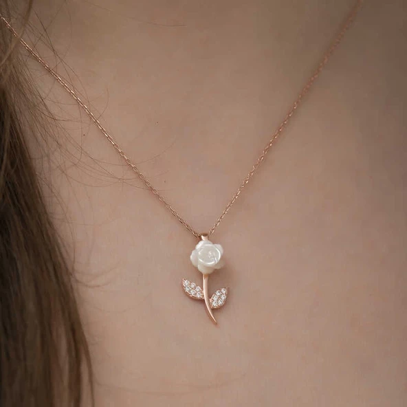 Gümüş Rose Beyaz Gül Kolye - Resim 3