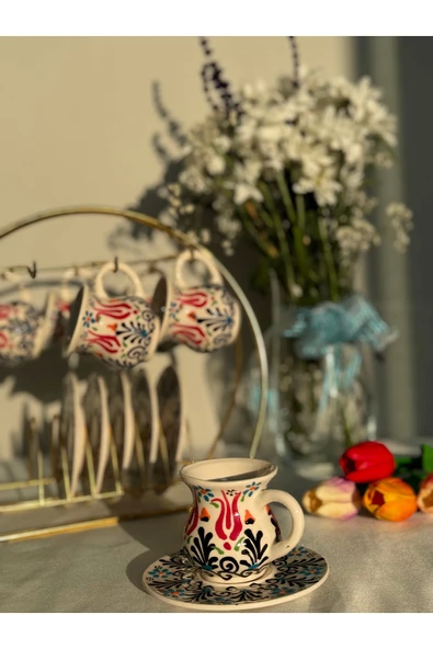 Porcelland Kazan Model 6'lı Kırmızı Renkli Kahve Fincanı ürün görseli 1