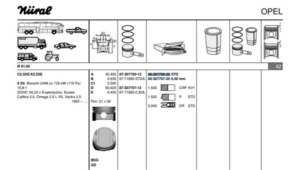 Opel Motor Segmanı Vectra B Omega B Calıbra (c2,5xe / X2,5xe) / (81,60mm) / (std) (6 Cyl) - Goetze 63077002g ürün görseli
