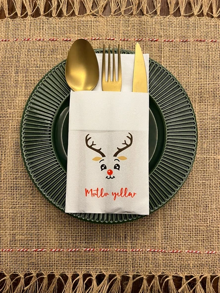 Geyik Mutlu Yıllar Baskılı Yılbaşı Kanguru Cepli Peçete Beyaz12 Adet ürün görseli