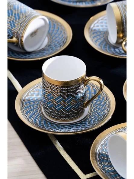 Acar HXF8435 Gold-Mavi Desenli Porselen Kahve Seti 6'lı ürün görseli 1