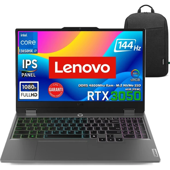 Loq 15IRX9 Intel Core I7 13650HX 64GB 1tb SSD Rtx 3050 6gb (95W) 15.6'' 144Hz Fhd IPS Panel Windows 11 Pro Taşınabilir Bilgisayar 83DV011CTR Snertechçanta ürün görseli