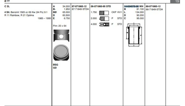 Renault Eski Motor Gomlek R21 Optıma Faırway R9 1,6 (77,00mm) / (std) - Goetze 46345700g ürün görseli