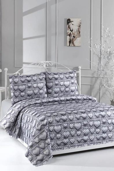 Kalpten Ultrasonik Kapitoneli 5D Baskılı Çift Kişilik Yatak Örtüsü Gri ürün görseli