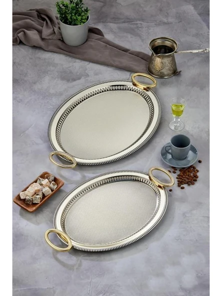 Cooker CKR3907 Gold Kulplu Gümüş Oval Tepsi 2'li ürün görseli 1