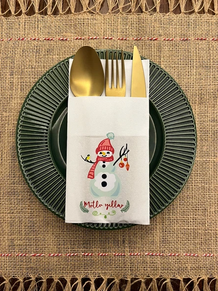 Yılbaşı Zarif Kardan Adam Mutlu Yıllar Baskılı Kanguru Cepli Peçete Beyaz12 Adet ürün görseli