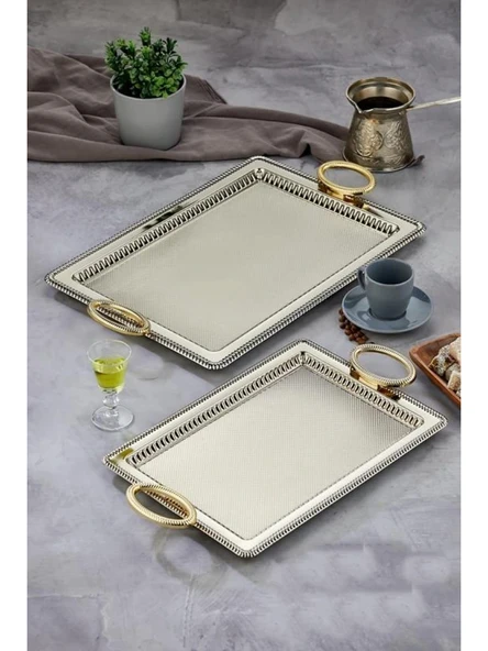 Cooker CKR3909 Dikdörtgen Gold Kulplu Gümüş Tepsi 2'li ürün görseli 1