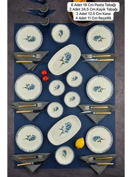 Cooker CKR4262 Mavi Çiçek Desenli Beyaz Porselen Kahvaltı Seti 14 Parça ürün görseli 1