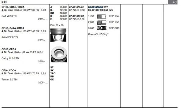 Vag Motor Segmanı Takım (1 Pistonluk) / (81,00mm Std) Caddy III Beetle Golf VI Jetta Passat Scirocco Sha - Goetze 68918009g ürün görseli