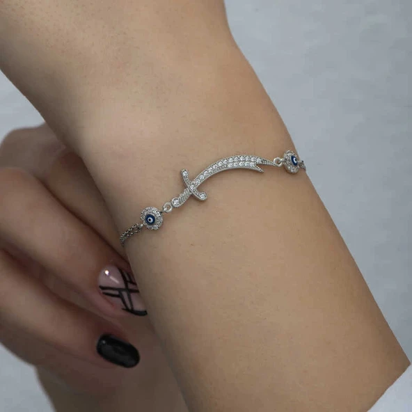 pilelistore 925 Ayar Gümüş Nazarlı Zülfikar Kılıcı Kadın Bileklik - Resim 5