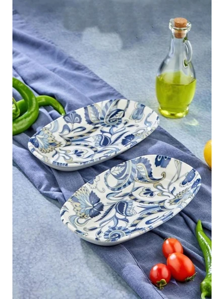 Cooker CKR4242 Mavi Desenli Beyaz Porselen Kayık Tabak 24.5 cm 2'li ürün görseli