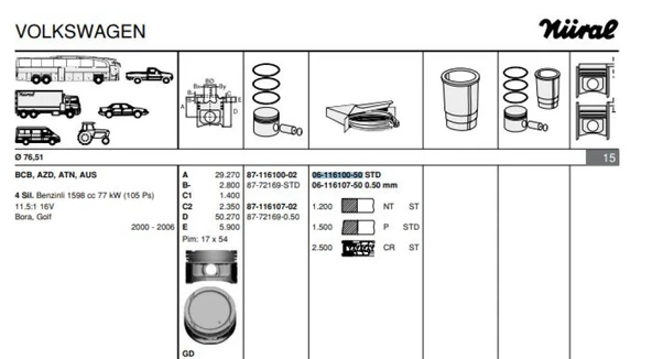 Vag Motor Segmanı Std 76.50mm Bora Golf IV V Caddy II III Lupo Polo Cordoba İbiza II III IV İnca Leon To - Goetze 61161005g ürün görseli