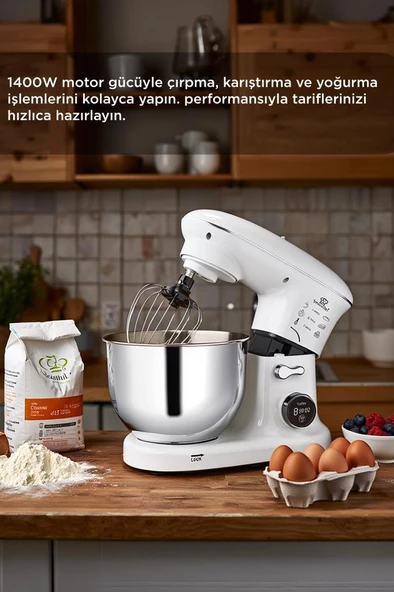 Torima TMK-1400DT Beyaz Stand Mikser , Hamur Yoğurma Makinesi , Mutfak Şefi 1400W - Resim 4