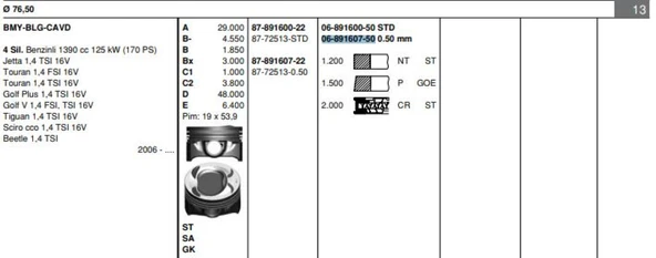 Vag Motor Segmanı Takım (1 Pistonluk) / (77,00mm 0,50) Golf V / VI / Plus Alhamra Beetle (touran 1,4tsi - Goetze 68916075g ürün görseli 1