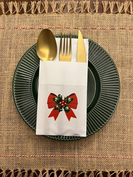 Yılbaşı Zarif Kırmızı Fiyonk Baskılı Kanguru Cepli Peçete Beyaz12 Adet ürün görseli