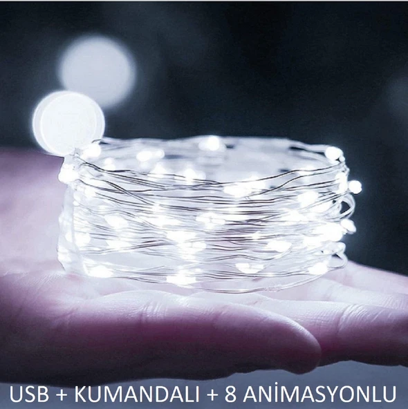 Ev Balkon ve Parti İçin 10 Metre Beyaz Kumandalı Usb Peri Led 8 Modlu Animasyonlu Yılbaşı Süsü Işık - Resim 1