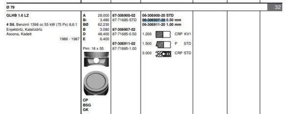 Opel Motor Segmanı Ascona C Kadett E (1,6lz) / (79,50mm) / (050) - Goetze 63069072g ürün görseli