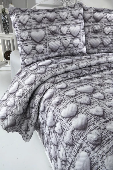 Kalpten Ultrasonik Kapitoneli 5D Baskılı Çift Kişilik Yatak Örtüsü Gri - Resim 4