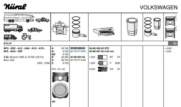 Vag Piston+segman (81,01mm Std) Caddy III Golf V / VI / Plus Jetta III Beetle Passat Touran A3 A4 Altea - Goetze 8772177std000g - Resim 1