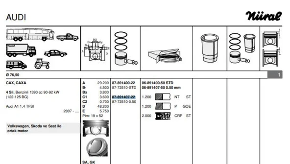 Vag Piston+segman (77,01mm 0,50) Golf V VI Superb Yeti A1 A3 Altea Leon Toledo IV Octavıa Rapıd Jetta II - Goetze 8772510050000g ürün görseli 1