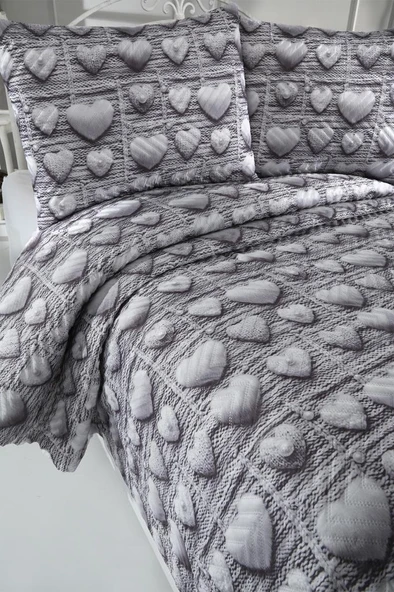 Kalpten Ultrasonik Kapitoneli 5D Baskılı Çift Kişilik Yatak Örtüsü Gri - Resim 6