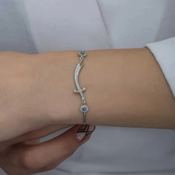 pilelistore 925 Ayar Gümüş Nazarlı Zülfikar Kılıcı Kadın Bileklik - Resim 2