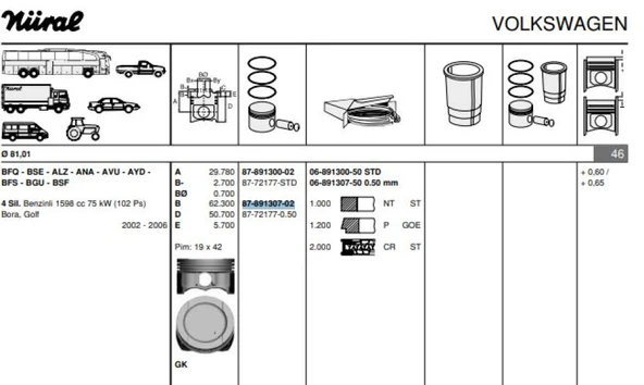 Vag Piston+segman (81,51mm 0,50) Caddy III Golf V / VI / Plus Jetta III Beetle Passat Touran A3 A4 Altea - Goetze 8772177050000g ürün görseli 1