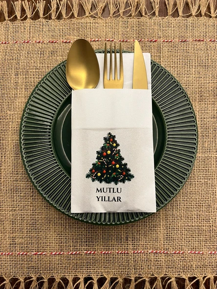 Yılbaşı Ağacı Mutlu Yıllar Baskılı Yılbaşı Kanguru Cepli Peçete Beyaz12 Adet ürün görseli