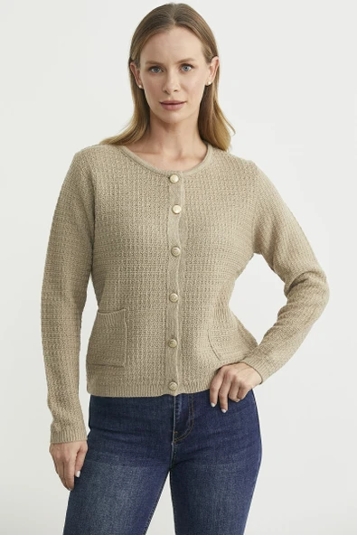 Dore Düğme Detaylı Yünlü Triko Hıırka - Bej - Resim 4