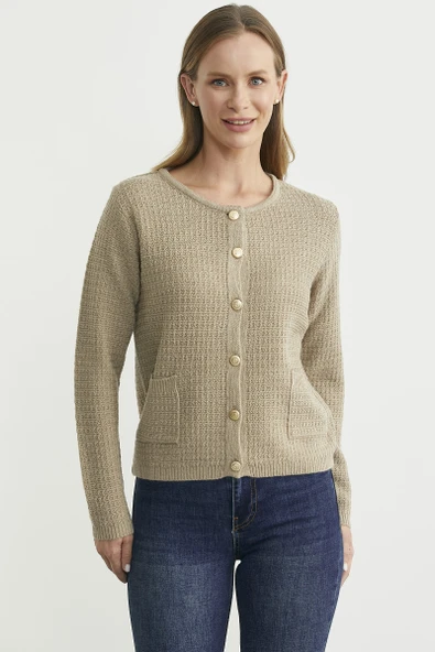 Dore Düğme Detaylı Yünlü Triko Hıırka - Bej - Resim 2