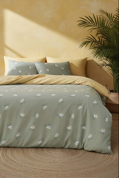 Yeşil Papatya Çift Kişilik Naturel İpeksi Nevresim Takımı ürün görseli 1