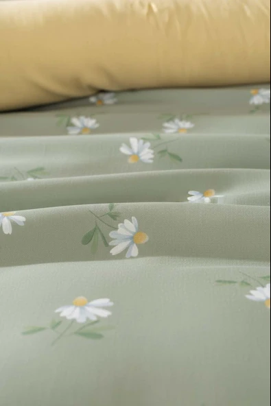 Yeşil Papatya Çift Kişilik Naturel İpeksi Nevresim Takımı - Resim 4